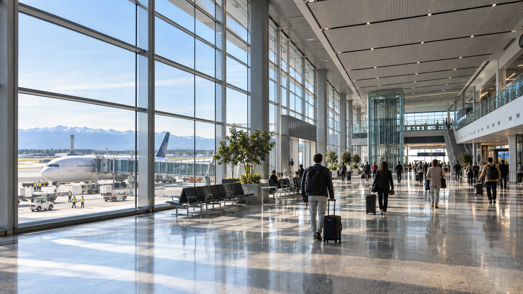 Interno di un moderno terminal aeroportuale con passeggeri e aereo sulla pista