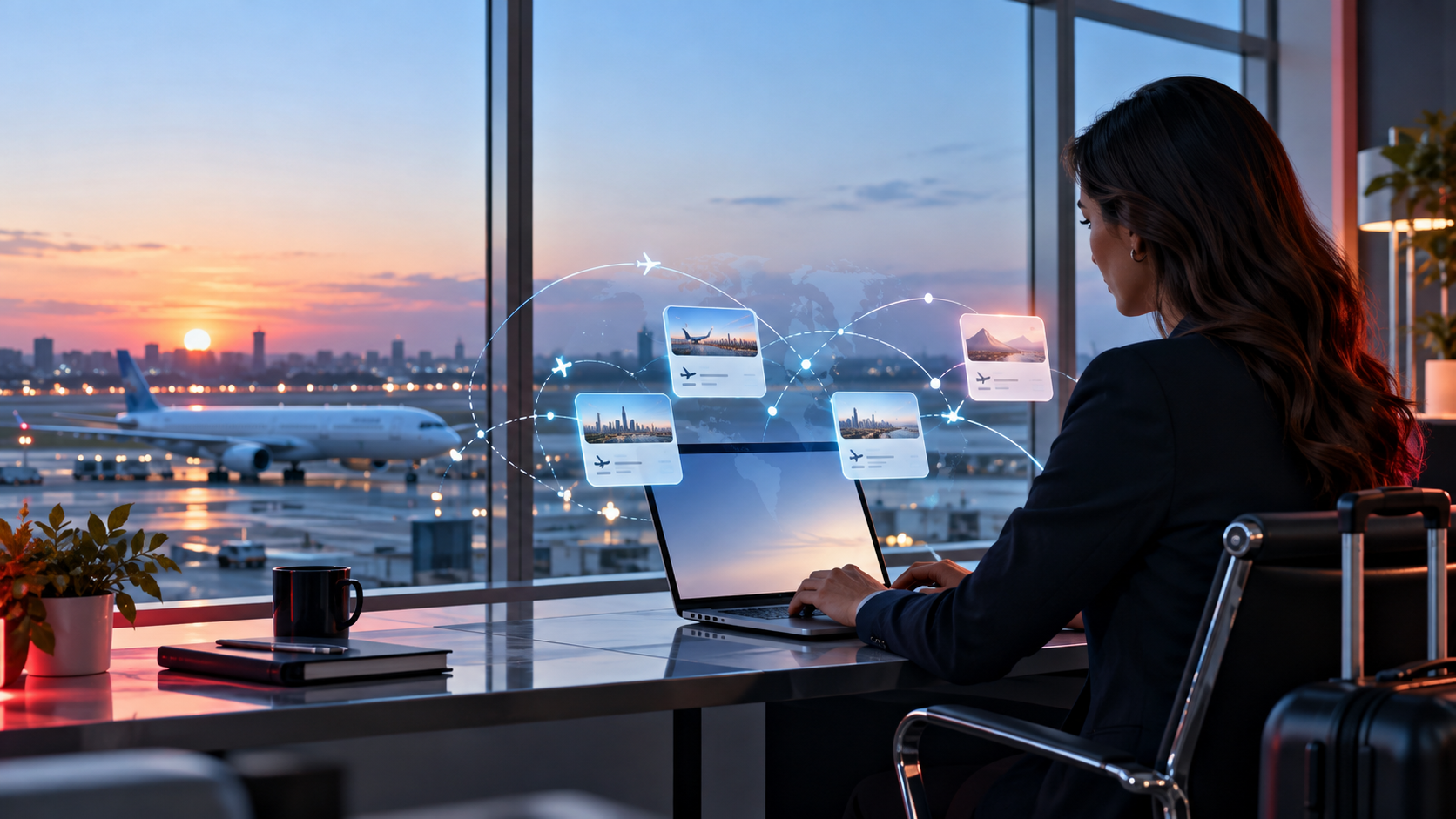 Agente di viaggio consulta offerte di volo su un laptop davanti alle piste aeroportuali; immagine illustrativa generata con intelligenza artificiale