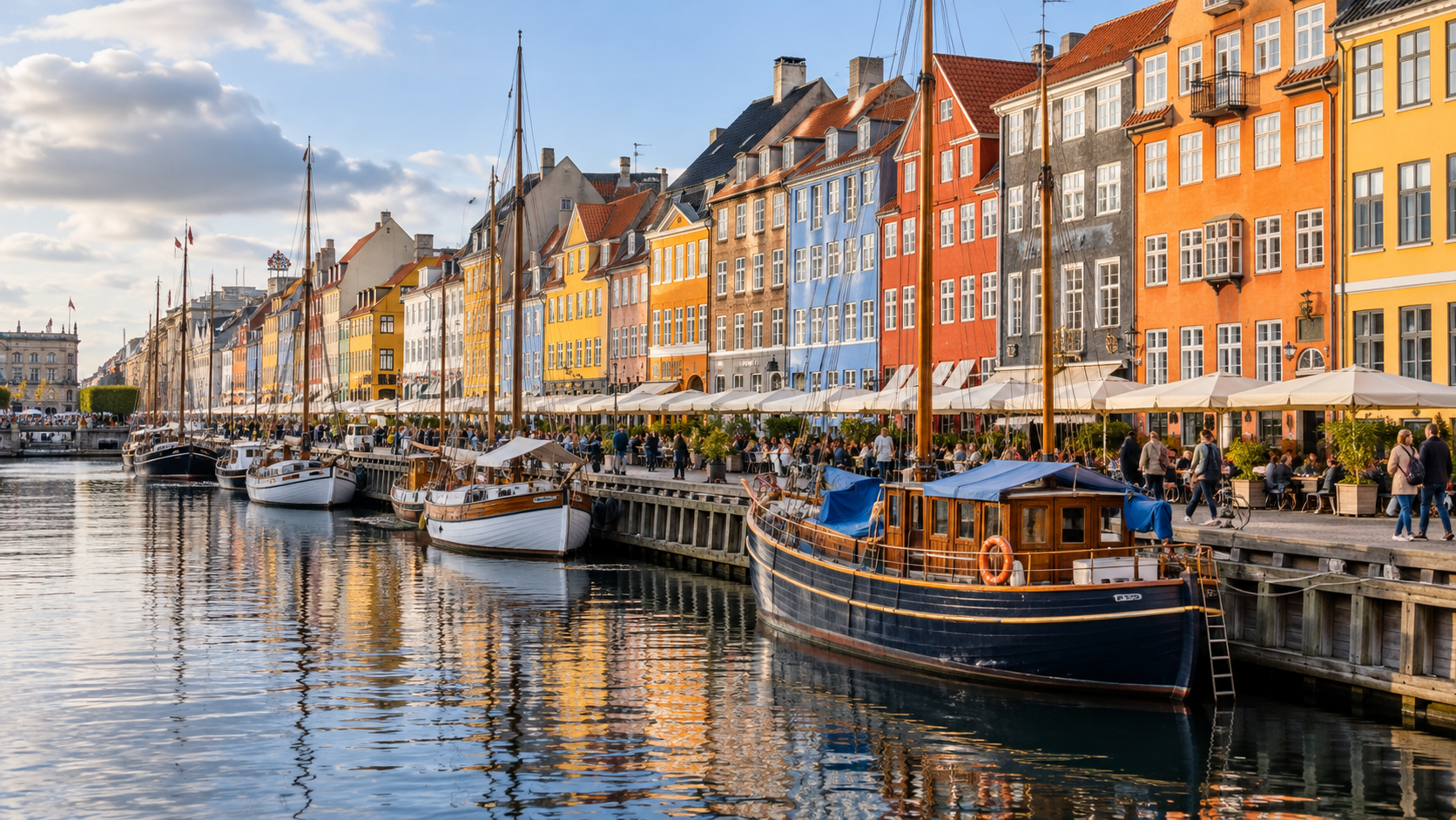 Veduta illustrativa di Nyhavn, Copenaghen; immagine generata con IA