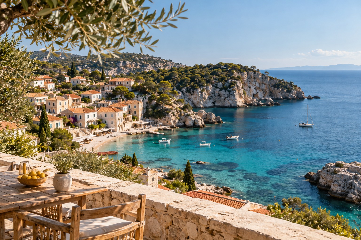 Immagine illustrativa generata: una baia mediterranea con mare turchese e borgo costiero
