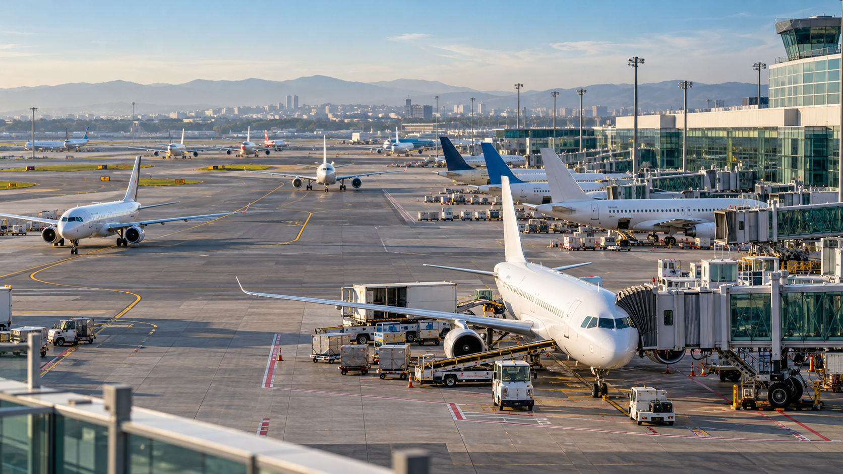 Veduta illustrativa di un aeroporto con più aerei passeggeri; immagine generata con intelligenza artificiale