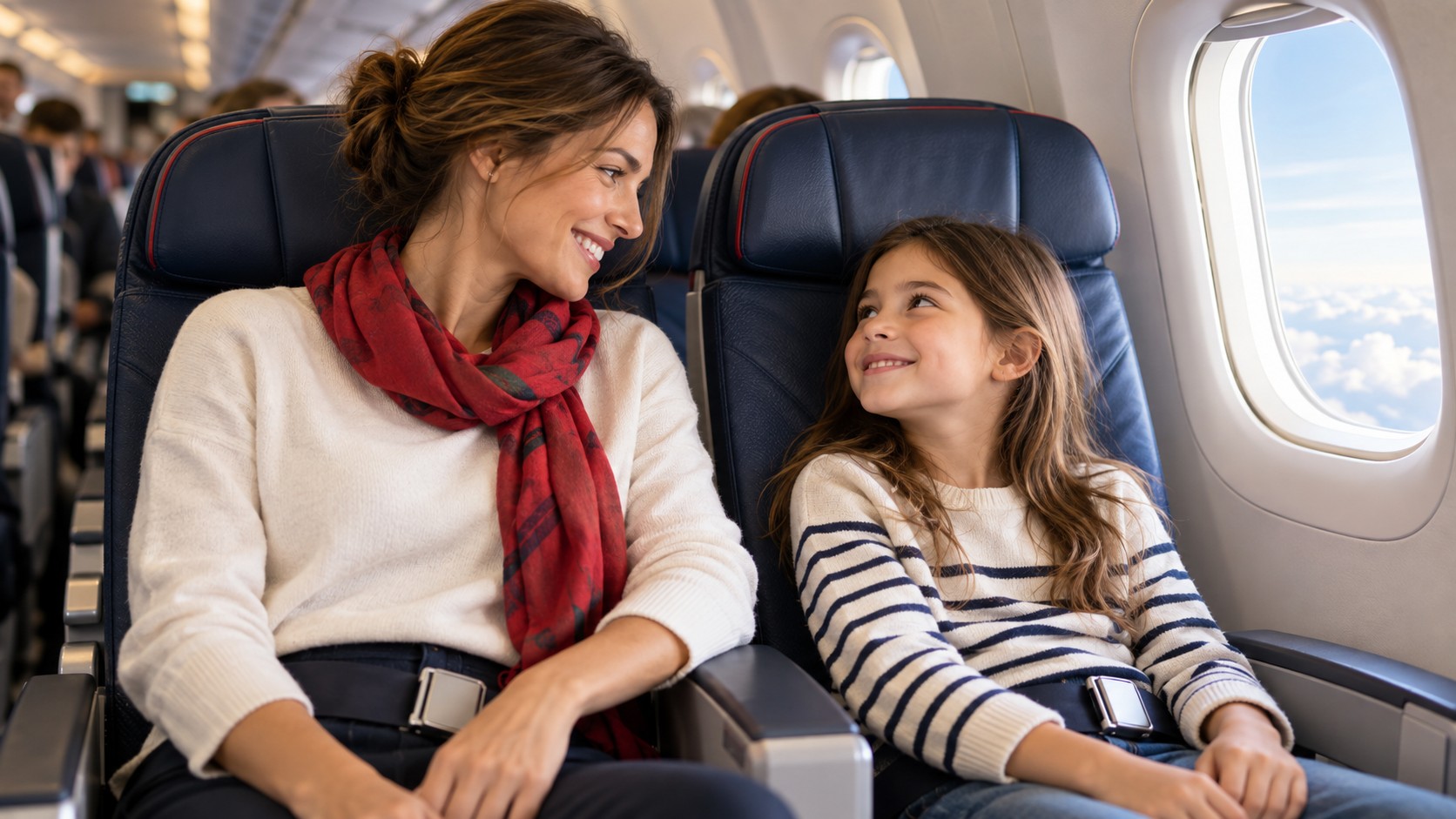 Una madre e sua figlia sedute vicine nella cabina di un aereo; immagine illustrativa generata con IA