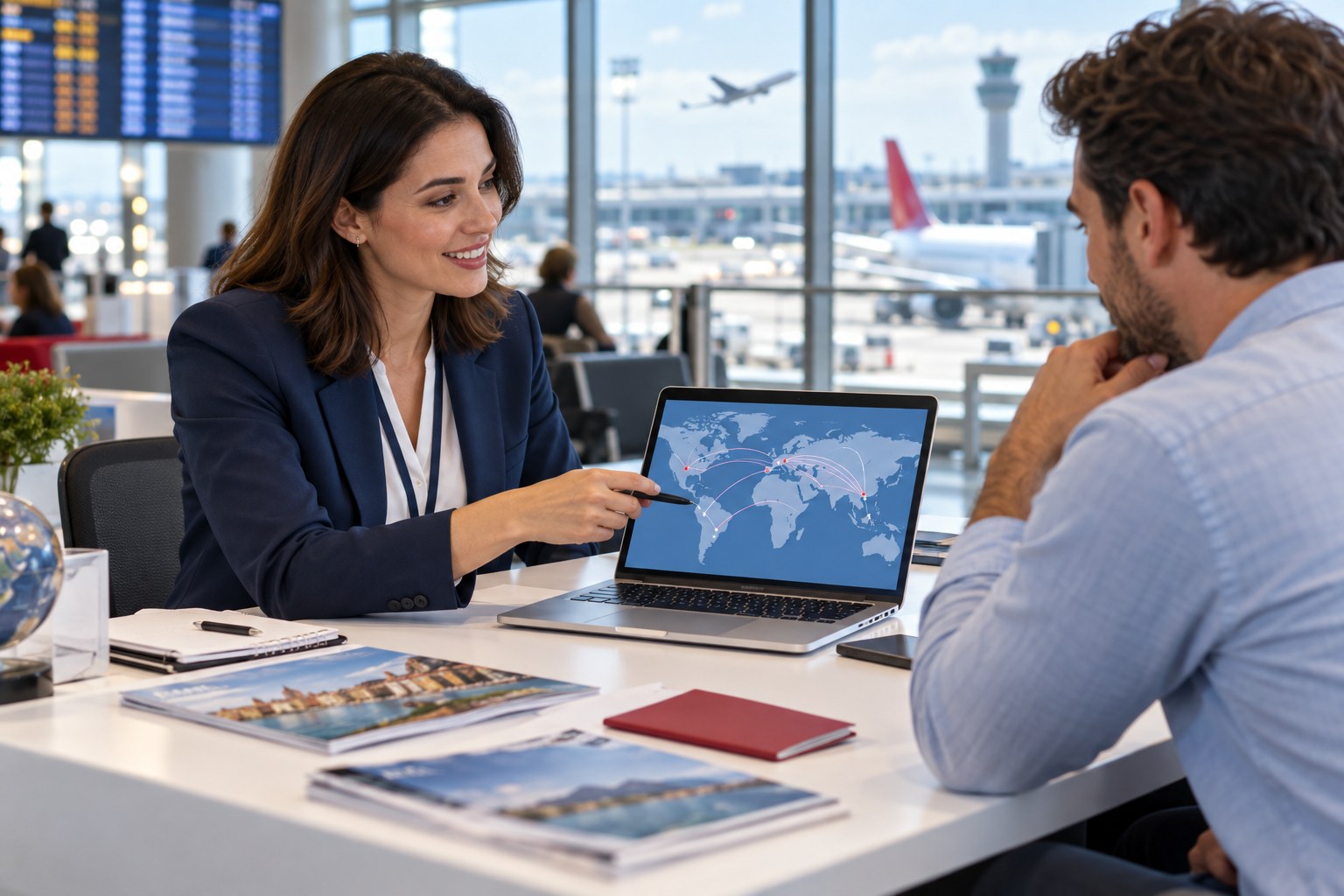 Immagine illustrativa generata: consulente di viaggio e passeggero valutano un itinerario aereo su un laptop