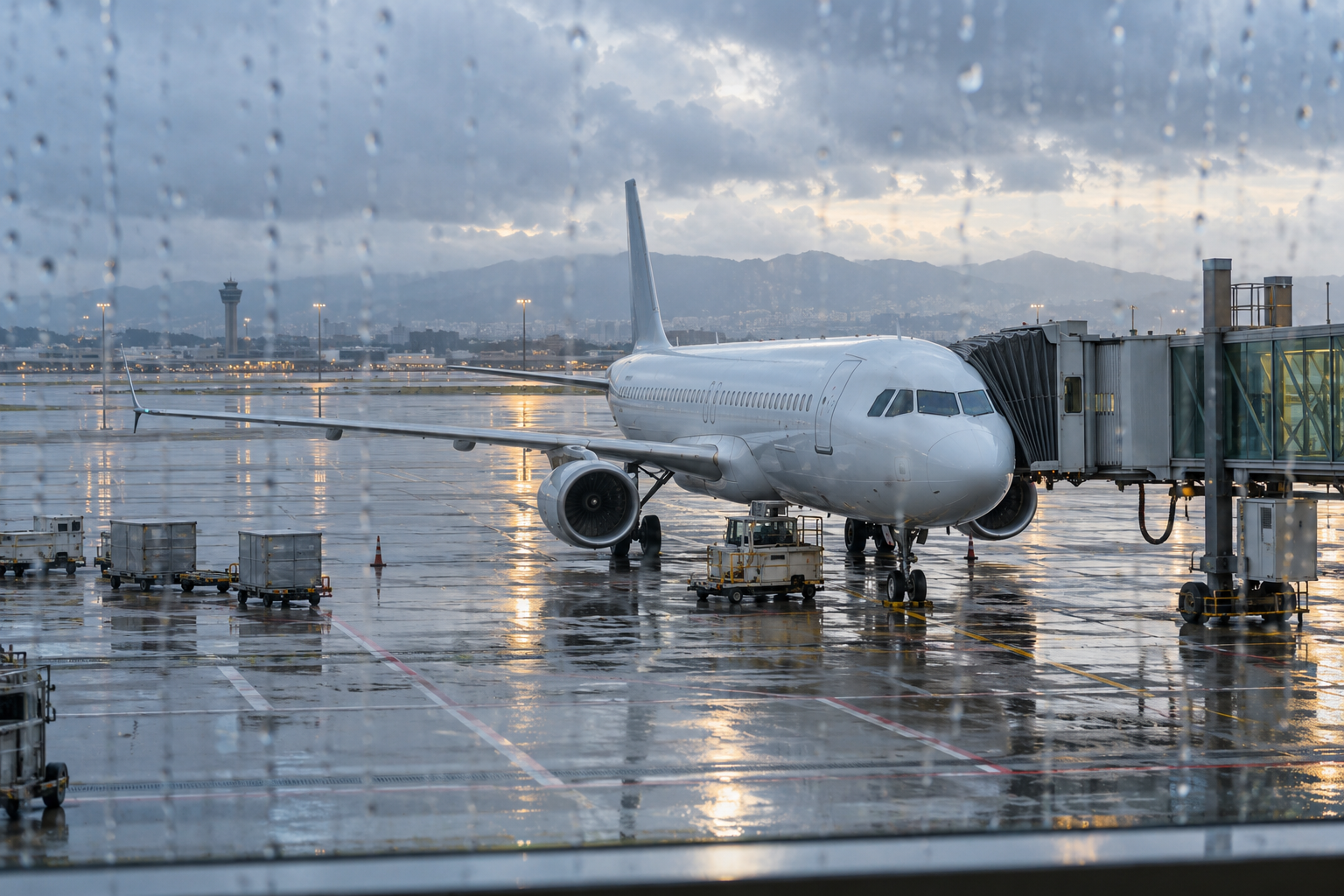 Immagine illustrativa di un aereo al gate e di un piazzale aeroportuale bagnato, visti attraverso un vetro con gocce di pioggia.