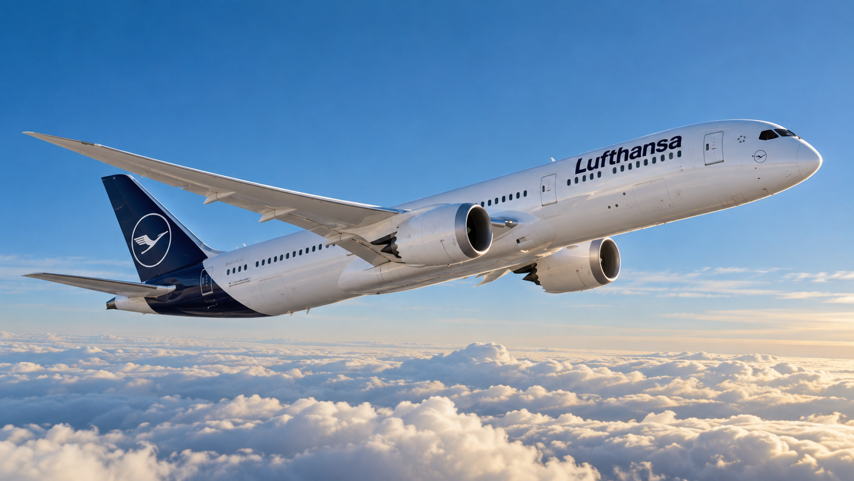 Illustrazione di un aereo Lufthansa in volo sopra le nuvole