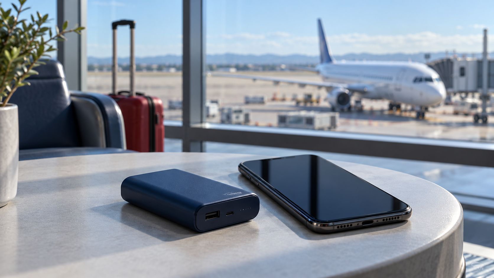 Power bank e smartphone in aeroporto — immagine illustrativa generata