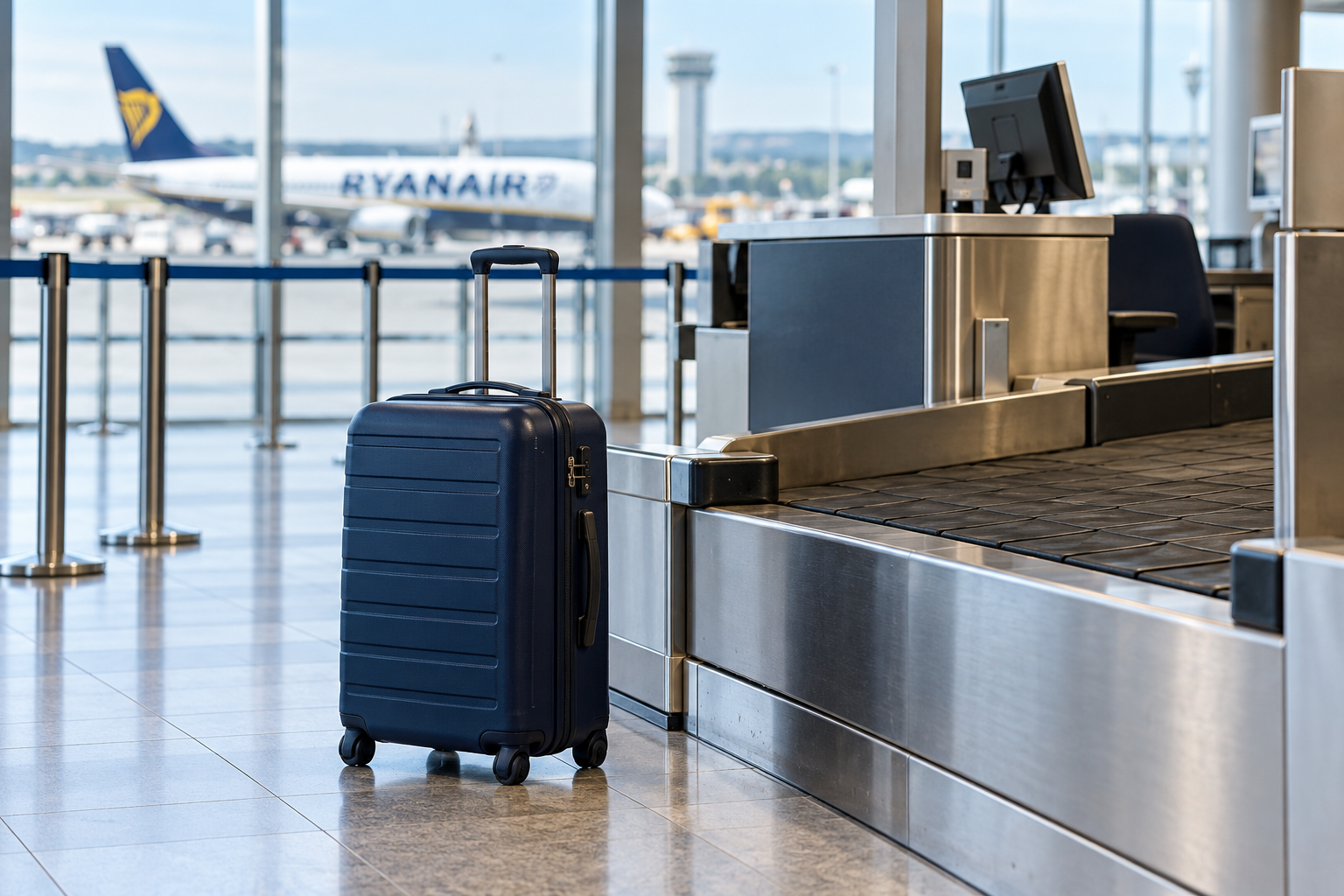 Valigia al banco consegna bagagli in aeroporto, con aereo Ryanair sullo sfondo